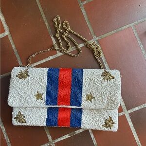 White Beaded Clutch with Red & Blue Stripe and Gold Stars